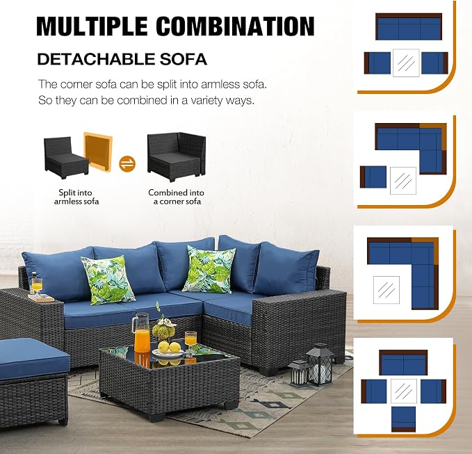 6 Pieces Patio Furniture Set All-Weather Outdoor Wicker Sectional Conversation - Image 7