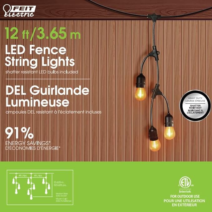 Feit Electric 12ft LED Outdoor Fence String Lights, 10 Sockets, E26 Base - Image 3
