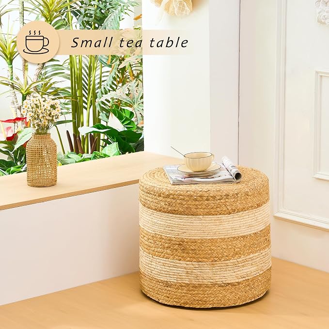 Handwoven Ottoman Pouf, Natural Water Hyacinth Footstool, Round Braided Outdoor - Image 4