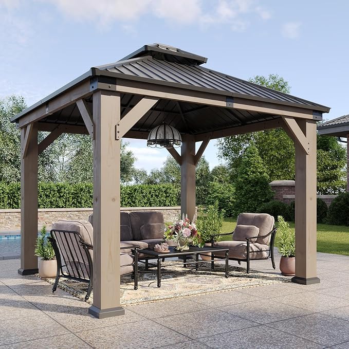 Aoxun 10' x 10' Outdoor Wood Gazebo, Hardtop Gazebo Permanent Wooden Pavilion by Aoxun