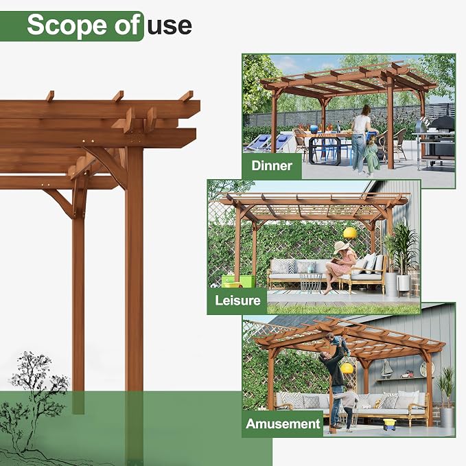 12' x 10' Outdoor Wood Pergola, Wooden Patio Pergola Gazebo Sunshade - Image 7