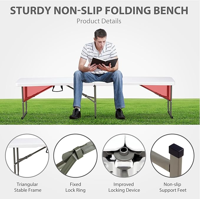 6ft Plastic Folding Bench with Carrying Handle & Lock, Portable Outdoor Bench - Image 5