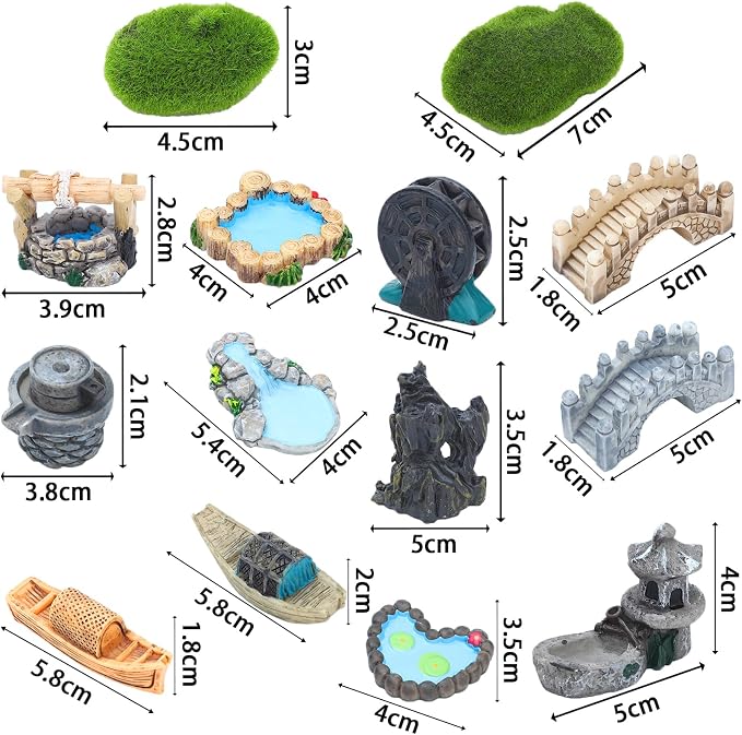ONEST 15 Pieces Garden Miniature Accessories Mini Bridge Lighthouse Well Pond - Image 2