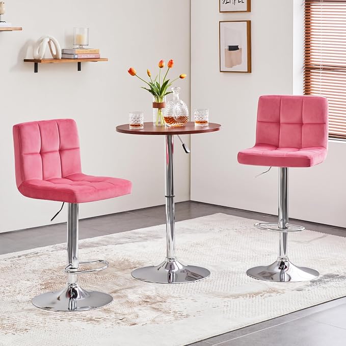 Yaheetech Pink Bar Stools Set of 2, Adjustable Velvet Barstools, Modern Counter - Image 2