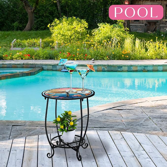 Outdoor Side Table Round Small Mosaic Patio Accent Indoor End Plant Coffee Tea - Image 5