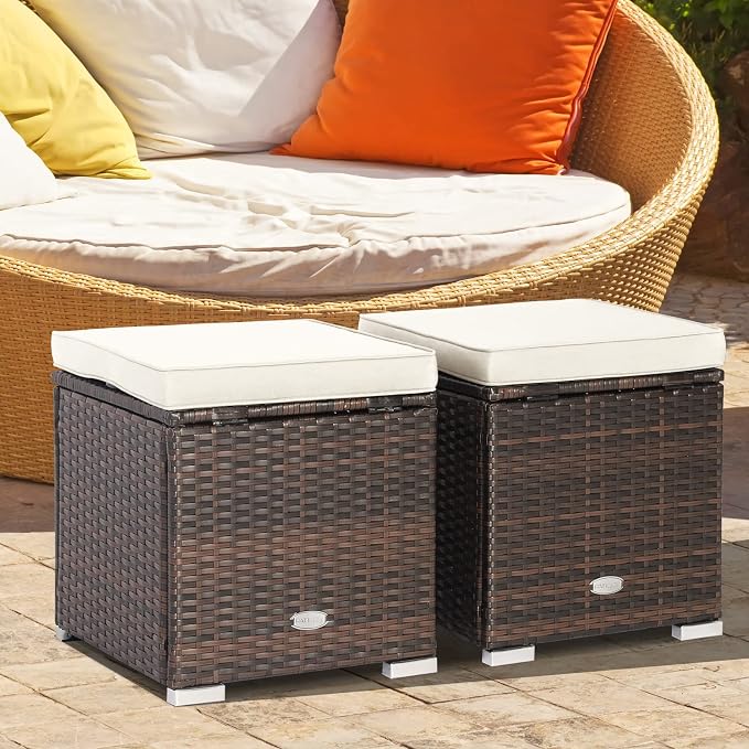Tangkula 2 Pieces Patio Ottomans, Patiojoy Hand-Woven PE Rattan Side Table - Image 2