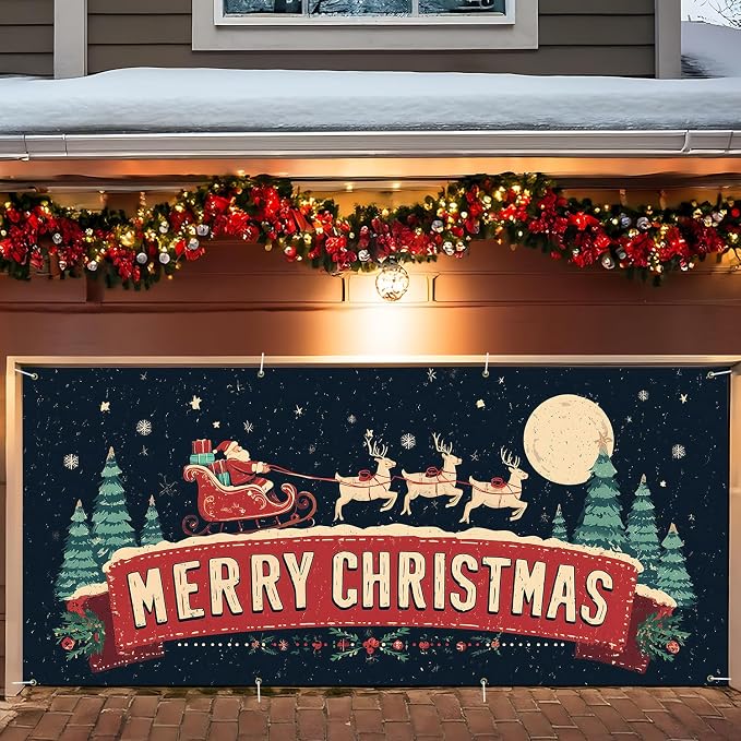 ANNA QUEEN Christmas Garage Door Banner 6×13 FT, Retro Santa Sleigh & Merry by ANNAQUEEN