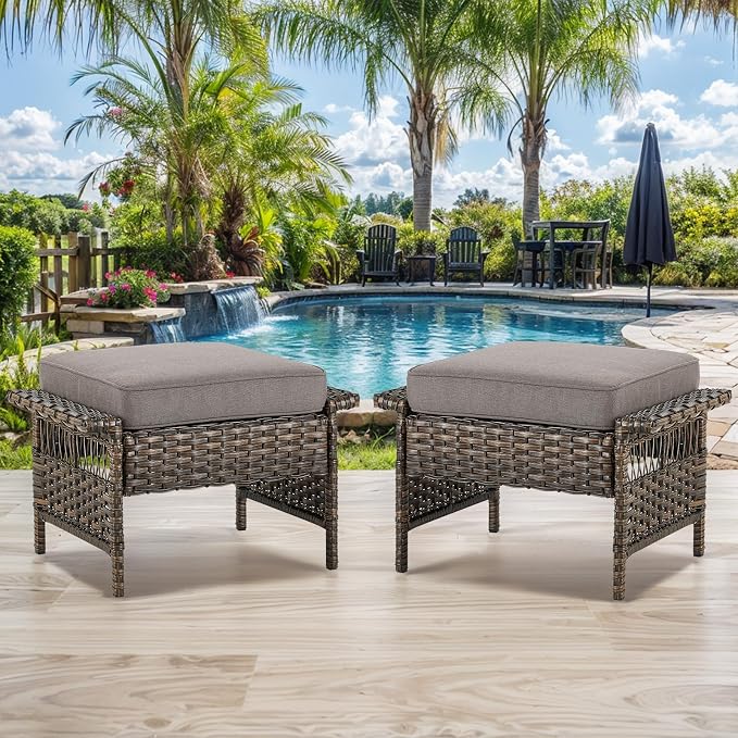 Patio Ottomans 2 Piece Outdoor Wicker Ottomans PE Rattan Footrest - Image 6