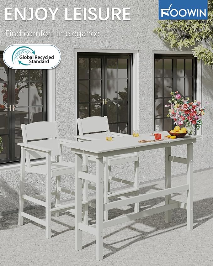 FOOWIN 3 Piece Outdoor Bar Height Table and Chairs, All Weather HDPE Patio Bar - Image 3