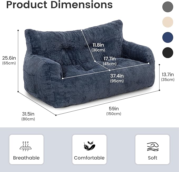 Pamapic 59" Bean Bag Chair, 2 Seat Loveseat Sofa, Ultra Soft Dutch Velvet - Image 2