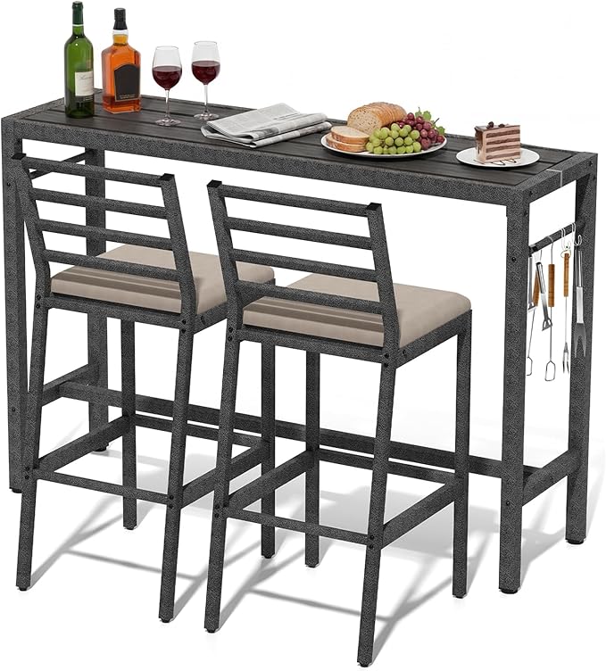 3Pcs Outdoor Patio Bar Set, Metal Pub Height Bistro Table Set by Liskanap