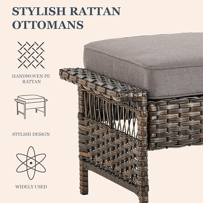 Patio Ottomans 2 Piece Outdoor Wicker Ottomans PE Rattan Footrest - Image 4