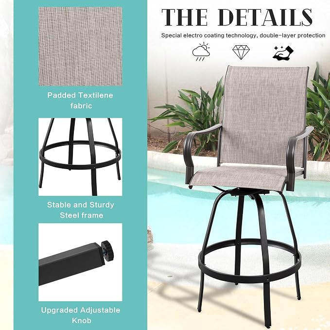 Vongrasig 2 Piece Patio Swivel Bar Chairs, All Weather Metal Textile High - Image 4