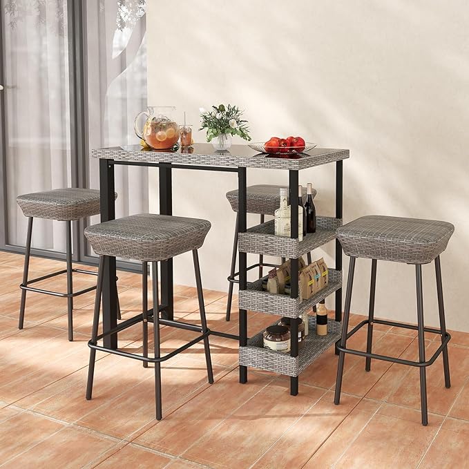 Tangkula 43.5” Outdoor Bar Table, Wicker Bar Height Dining Table w/Tempered - Image 4