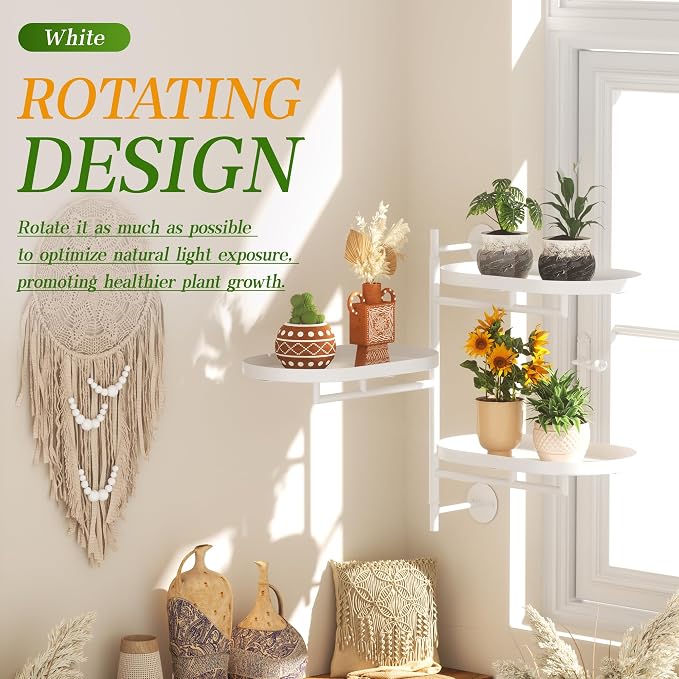 Window Rotating Plant Stand Shelf Indoor White Metal Floating Shelves 3-Tier - Image 2