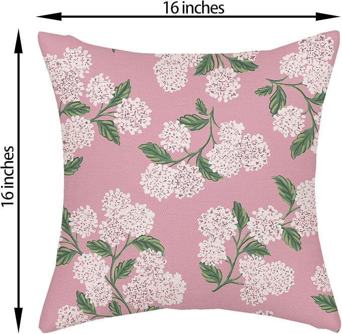 Pink Pillow Covers 16x16 Inch 2 Pcs Preppy Pink Green Hydrangea Flower Decor - Image 6