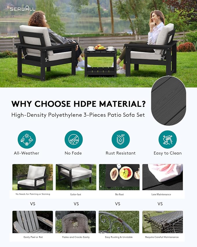 SERWALL HDPE Patio Sofa Set, 3-piece Sectional Outdoor Furniture Set, All - Image 3