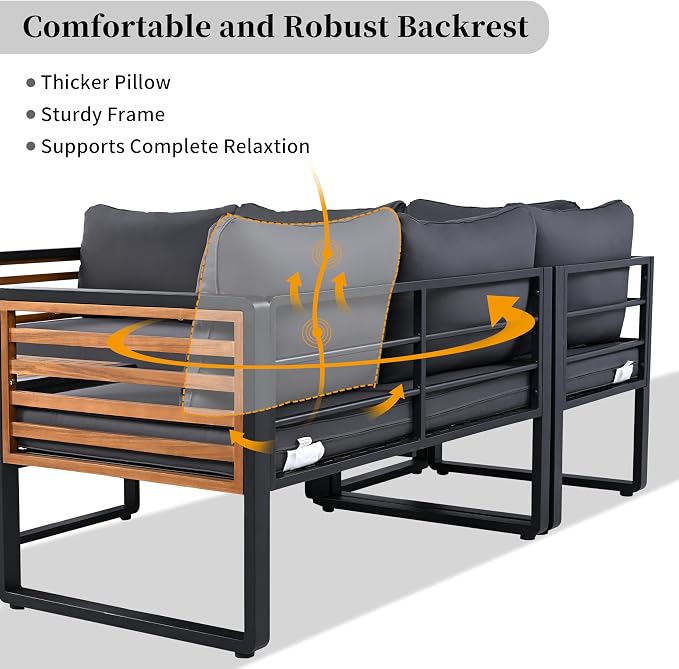 4 Pieces Outdoor Patio Conservation Set, Metal and Wood Frame Sectional - Image 7