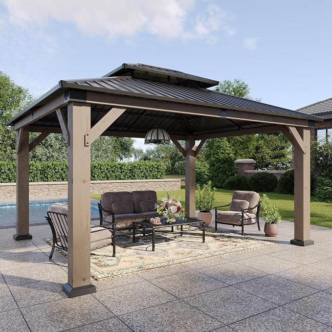 Aoxun 12' x 14' Outdoor Wood Gazebo, Hardtop Gazebo Permanent Wooden Pavilion by Aoxun
