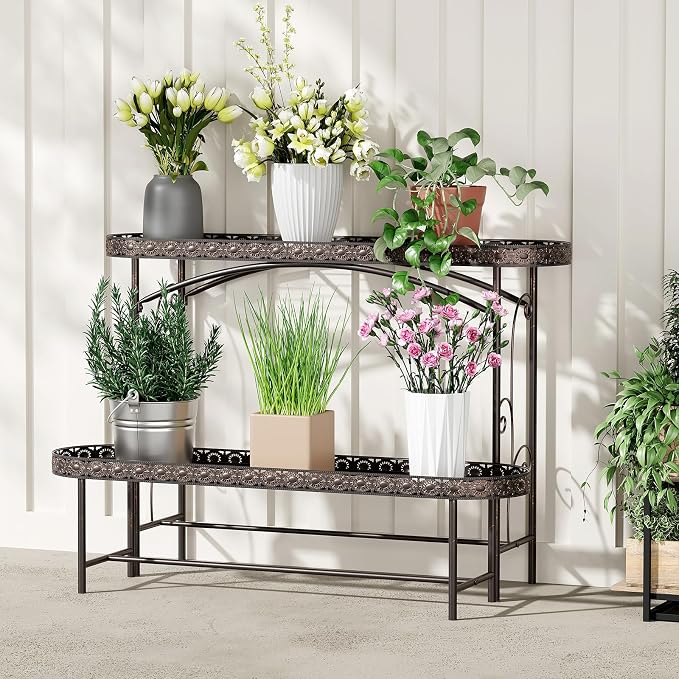 Plant Stand Outdoor Indoor 2 Tier Metal Pland Stand, Detachable Heavy Duty Tall by EHONXI