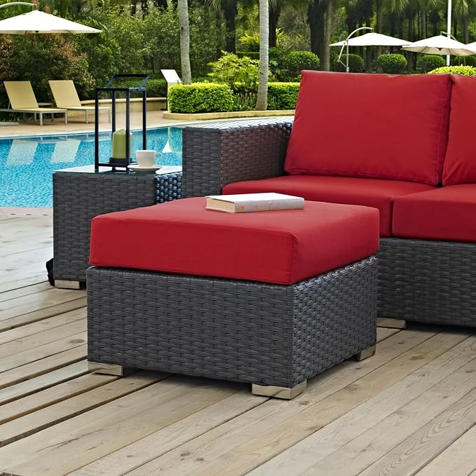 Modway Sojourn Wicker Rattan Outdoor Patio Sunbrella Fabric Ottoman in Canvas - Image 2