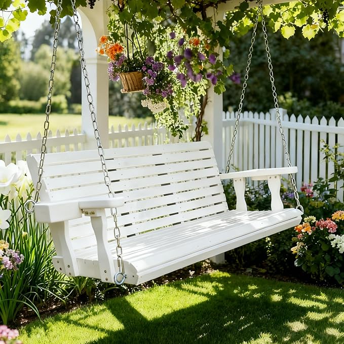 Wooden Porch Swing 3-Seater, High Backrest and Deep Seat, Bench Swing - Image 2