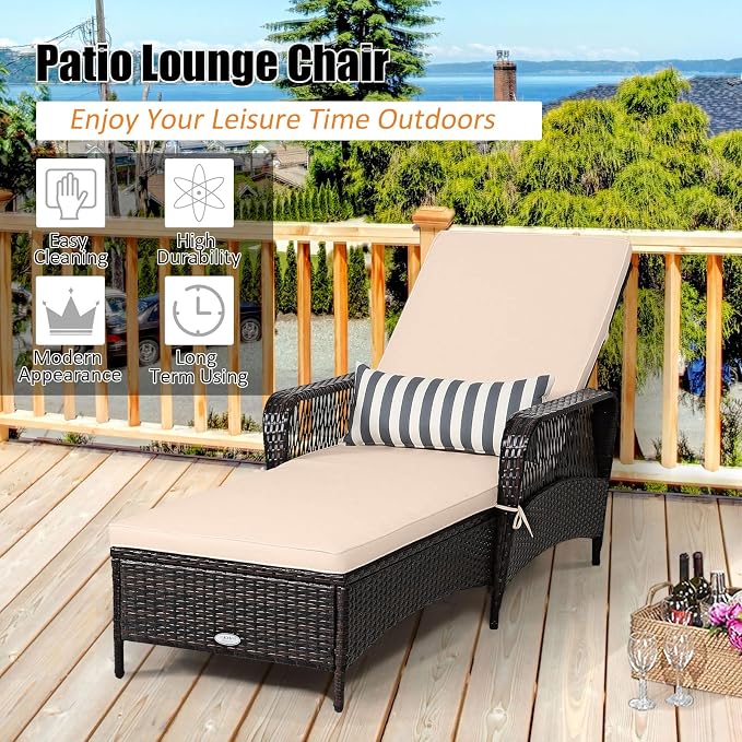 Tangkula Wicker Chaise Lounge Outdoor, Patio Rattan Reclining Chaise - Image 4