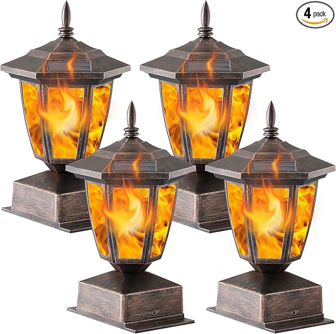 Dynaming 4 Pack Solar Flame Post Lights Outdoor, Solar Powered Lamps Fence Post by Dynaming