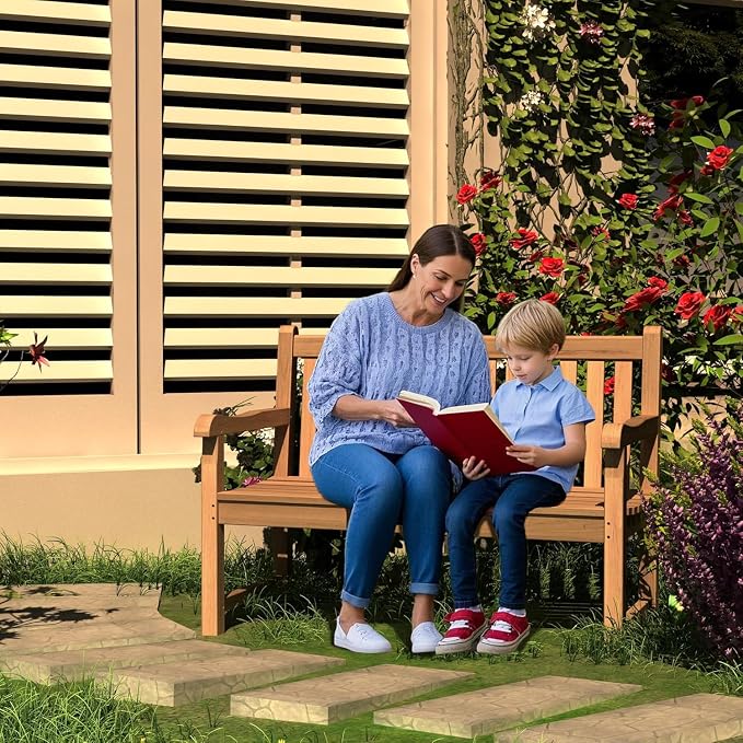 Teak Wood Outdoor Bench Set of 2, Weatherproof Garden Benches - Image 5