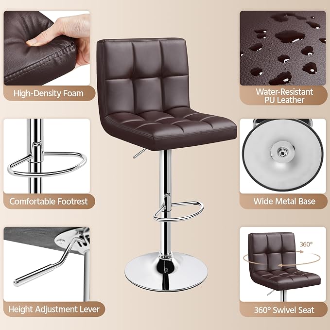 Yaheetech Bar Stools Set of 2, Adjustable PU Leather Swivel Barstools, Modern - Image 8