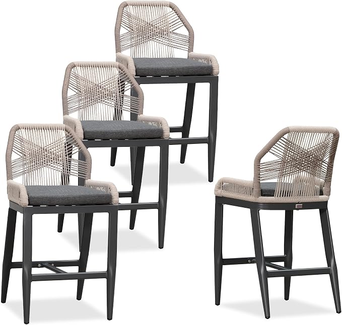 PURPLE LEAF Patio Bar Stool Counter Height Set of 4 Outdoor Rattan Chairs by PURPLELEAF