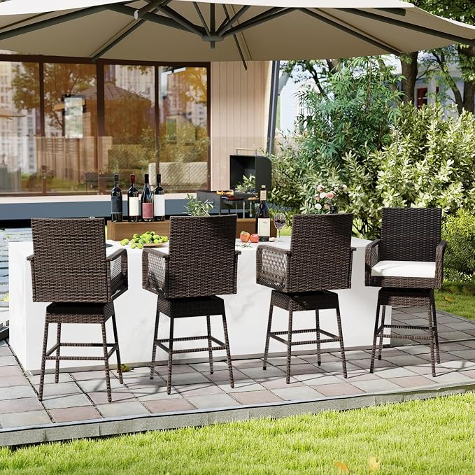 ORALNER Outdoor Wicker Swivel Bar Stools Set of 4, Footrest & Seat Cushion - Image 5