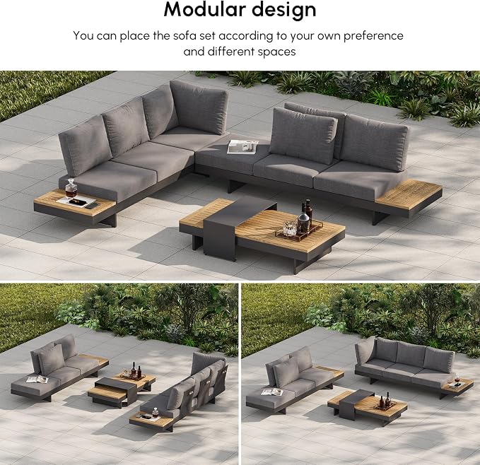 homary 6-Piece Modular Outdoor Sofa Set, Aluminum & Teak Patio Conversation Set - Image 3