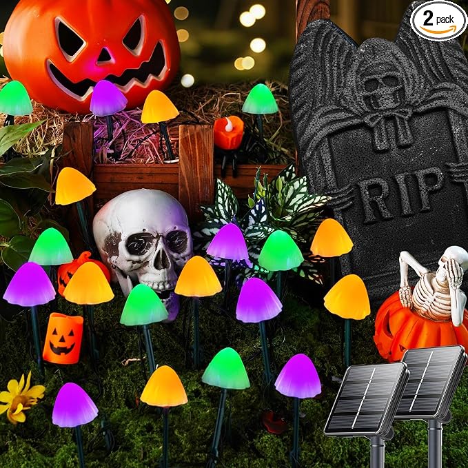 OZS 2PK 55FT 32LED Halloween Orange Purple and Green Solar Mushroom Lights by OZS
