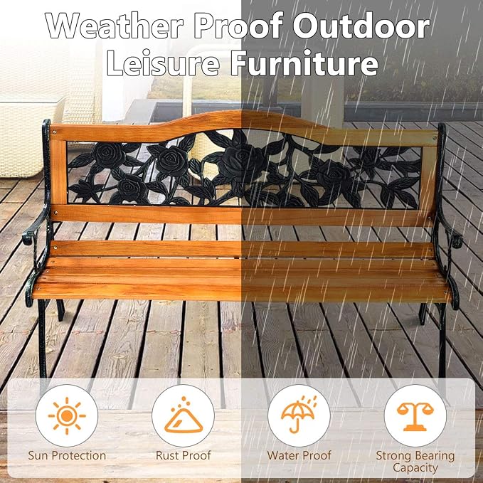 Giantex 50 Inch Patio Bench, Outdoor Furniture Rose Cast Iron Hardwood Frame - Image 4