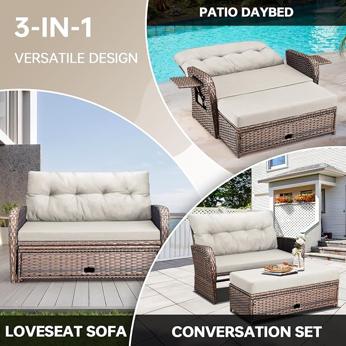 Patio Rattan Daybed, Wicker Recliner Loveseat - Image 4