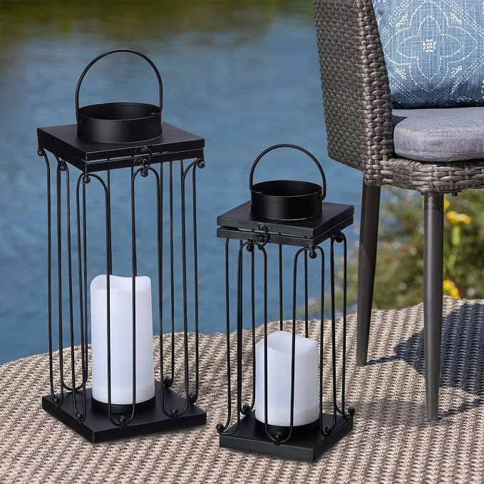 Solar Lantern Decorative Outdoor Set of 2 Modern Black Metal Lanterns - Image 5