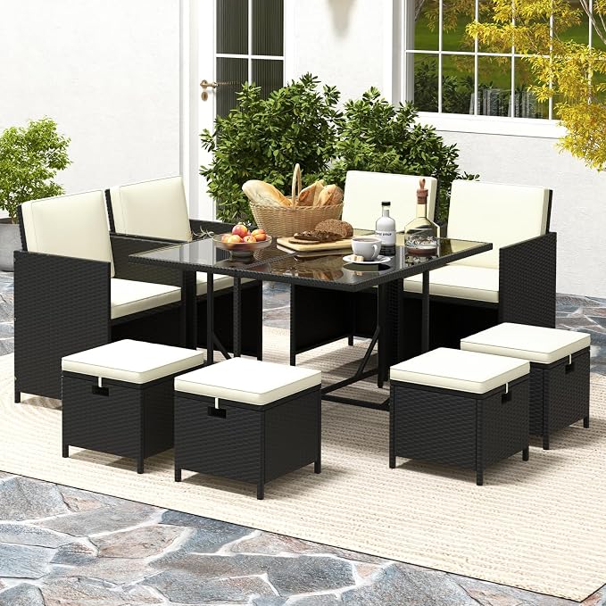 Tangkula 9 Pieces Outdoor Dining Furniture Set, Space-Saving Wicker Rattan - Image 2