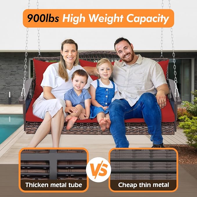 Upgraded Wicker Hanging Porch Swing Heavy Duty 900 LBS 3-Seat Outdoor Patio - Image 2