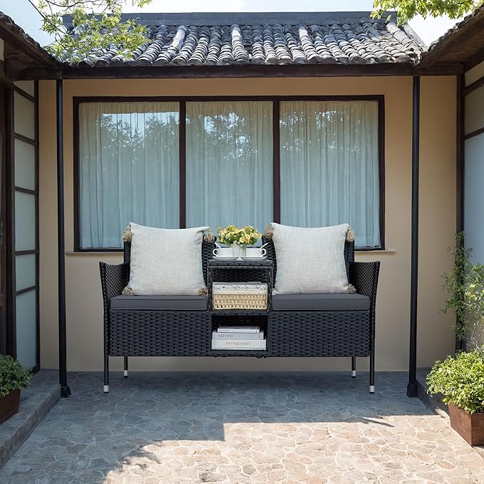 Greesum Patio Loveseat Outdoor Wicker Furniture Conversation Set - Image 2