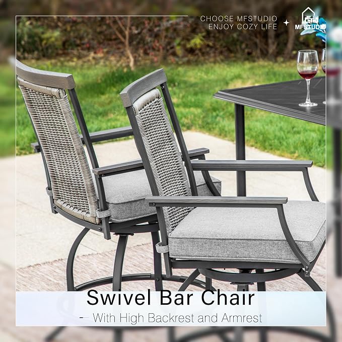 MFSTUDIO Outdoor Counter Height Bar Stool Set of 4, Swivel Rattan Backrest - Image 3