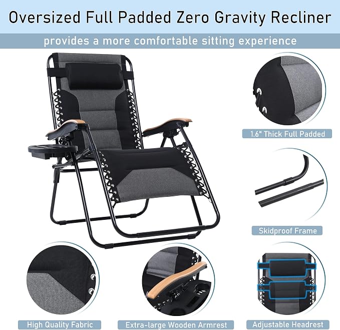 PHI VILLA XXL Oversized Padded Zero Gravity Chair Set of 2, Foldable Patio - Image 6