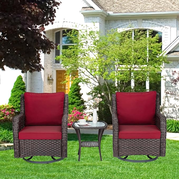 GarveeHome 3-Piece Outdoor Wicker Rattan Swivel Rocking Chair Set - Image 9