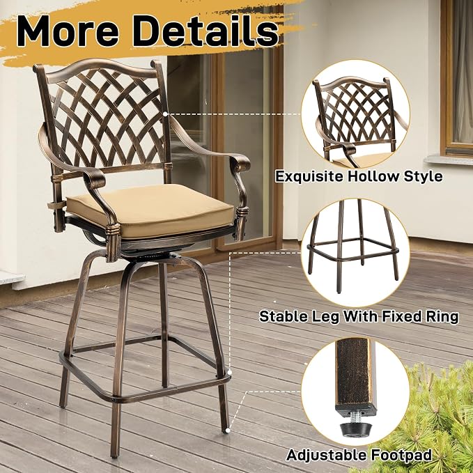 Outvita Set of 2 Outdoor Swivel Bar Stools-Cast Aluminum, Bar Height Patio - Image 5