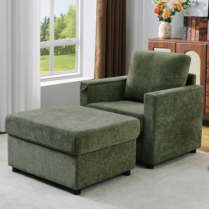 Modern Accent Chairs with Storage Ottoman Set, Chenille Reading Armchair with - Image 5