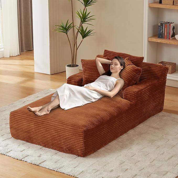 80 Inch Chaise Lounge Chair Indoor, Oversized Corduroy Upholstered Boneless by HANXIN