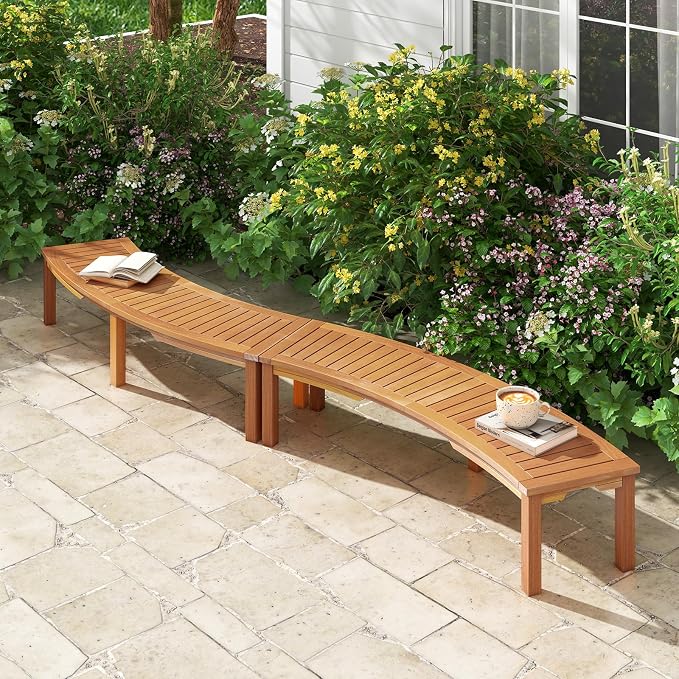 Tangkula Outdoor Curved Bench, Acacia Wood Fire Pit Bench w/Slatted Seat - Image 7