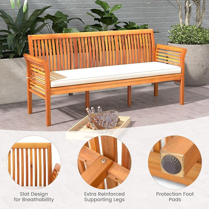 HAPPYGRILL 3-Person Outdoor Bench Acacia Wood Porch Bench, Garden Bench - Image 5