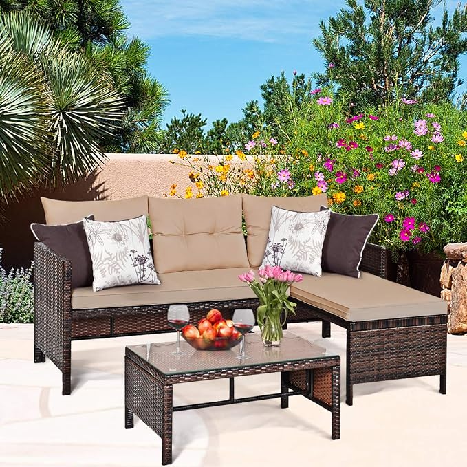 Tangkula Patio Corner Sofa Set 3 Piece, Outdoor Rattan Sofa Set, Includes - Image 3
