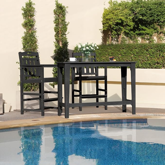 Outdoor Patio Bar Height Table and Tall Adirondack Chairs Set of 2, All-Weather - Image 7